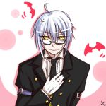  1boy ahoge alternate_costume arm_belt bat butler colored_shadow dated dress_shirt formal glasses gloves hand_on_own_chest homura_(silver_blaze) looking_at_viewer morichika_rinnosuke necktie parted_lips rough semi-rimless_glasses shadow shirt short_hair simple_background solo suit sweatdrop touhou two-tone_background under-rim_glasses white_hair yellow_eyes 