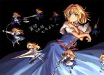  1girl alice_margatroid apron archery arrow axe blonde_hair blue_eyes blush bow_(weapon) broadsword capelet claymore_(sword) doll dress dual_wielding freeze-ex hairband lance long_hair pantyhose polearm rapier ribbon sash shanghai_doll short_hair skirt spear sword touhou weapon white_legwear 