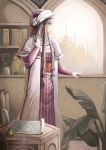  1girl adapted_costume amibazh arabian_clothes arabic blurry book depth_of_field headdress highres hourglass long_hair minaret paper patchouli_knowledge plant purple_hair quill solo touhou violet_eyes 
