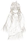  1girl adjusting_glasses antenna_hair blush glasses kasuga_yukihito long_hair mahou_sensei_negima! monochrome saotome_haruna smile solo sweater 