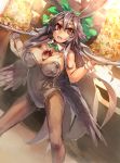  1girl animal_ears black_hair black_wings bow breasts bunny_girl commentary_request fake_animal_ears fishnet_legwear fishnets food hair_bow highres large_breasts leotard open_mouth pantyhose rabbit_ears red_eyes reiuji_utsuho solo temmasa22 third_eye touhou tray wings wrist_cuffs 