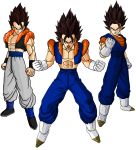  3boys abs black_eyes boots brown_hair dragon_ball dragon_ball_z earrings fusion gloves gogeta gogetto highres jewelry male multiple_boys muscle open_mouth smile spiky_hair time_paradox vegetto 