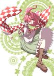  1girl apron bell boots checkered clothes_writing cross-laced_footwear hair_bell hair_ornament japanese_clothes jingle_bell kimono kuronuko_neero lace-up_boots long_sleeves looking_at_viewer motoori_kosuzu open_mouth pink_hair red_eyes revision short_hair smile solo touhou twintails wide_sleeves 