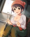  1girl :d artist_request beanie breasts brown_eyes brown_hair hat idolmaster idolmaster_cinderella_girls large_breasts official_art oikawa_shizuku open_mouth short_hair smile 
