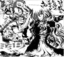  1girl absurdres beads crossover dress frilled_dress frills gradient_hair hair_over_one_eye highres hijiri_byakuren jojo_no_kimyou_na_bouken layered_dress long_hair made_in_heaven_(stand) monochrome multicolored_hair prayer_beads tagme touhou wavy_hair 