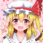  1girl blonde_hair blush bust collarbone fang flandre_scarlet hat hat_ribbon looking_at_viewer mob_cap open_mouth pink_background raised_hand red_eyes ribbon short_hair side_ponytail solo star starry_background touhou v wings ymd_(holudoun) 