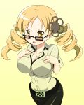  1girl baron_(baron-eros) belt bespectacled blonde_hair breasts cosplay drill_hair glasses hair_ornament hairpin highres impossible_clothes impossible_shirt kiryuu_moeka kiryuu_moeka_(cosplay) large_breasts long_hair mahou_shoujo_madoka_magica pants shirt solo steins;gate tomoe_mami twin_drills twintails yellow yellow_background yellow_eyes 