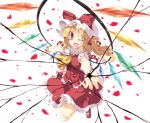  1girl ascot blonde_hair bow fangs flandre_scarlet hat hat_bow mob_cap open_mouth outstretched_arms petals red_eyes satou_kibi shirt side_ponytail skirt skirt_set slit_pupils smile solo touhou vest wings wink wrist_cuffs 