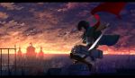  1girl baisi_shaonian belt black_hair boots brown_eyes capelet city cityscape clouds dual_wielding expressionless foreshortening highres house jacket jumping letterboxed mikasa_ackerman scarf scenery shingeki_no_kyojin silhouette sunset sword three-dimensional_maneuver_gear wall weapon 