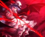  1girl bat_wings black_wings frilled_skirt frills hat hat_ribbon kozou_(soumuden) looking_at_viewer mob_cap open_mouth polearm purple_hair red_eyes remilia_scarlet ribbon shirt short_hair skirt skirt_set smile solo spear spear_the_gungnir touhou vest weapon wings wrist_cuffs 