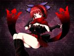  1girl bare_shoulders belt blush bow cape covering_mouth dress elbow_gloves fingerless_gloves gloves hair_bow harusame_(unmei_no_ikasumi) headphones highres long_sleeves red_eyes redhead scarf sekibanki short_hair skirt solo touhou 