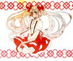  1girl adapted_costume alternate_hairstyle bow fujiwara_no_mokou hair_bow hawai-tari red_eyes seiza sitting skirt suspenders touhou twintails white_hair 