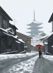  1girl city happy_new_year highres house japanese_clothes kimono kyoto nauimusuka original parasol road snow snowing tree umbrella winter_scenery 