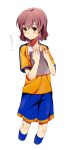  1boy blush brown_eyes brown_hair inazuma_eleven_(series) inazuma_eleven_go kangokun male raimon shindou_takuto simple_background soccer_uniform solo white_background 