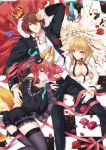  1boy 2girls blonde_hair breasts brown_hair caster_(fate/extra) center_opening cleavage fate/extra_ccc fate_(series) flower hat highres kishinami_hakuno_(male) mini_top_hat multiple_girls pink_hair ribbon saber_bride thighhighs top_hat yukihime_(mofumofu2225) 
