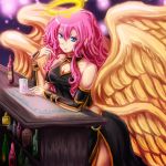  1girl alcohol angel angel_wings archangel_metatron_(p&amp;d) blue_eyes cleavage_cutout dashinoya halo long_hair pink_hair puzzle_&amp;_dragons solo wings 