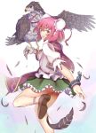  1girl bandages bird bird_on_arm cuffs double_bun eagle feathers ginko_(nico) ibaraki_kasen leg_up looking_at_viewer looking_back outstretched_arm outstretched_hand pink_eyes pink_hair puffy_sleeves revision shackles shirt short_hair short_sleeves skirt solo tabard touhou upskirt 