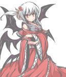  1girl alternate_hairstyle demon_wings dress hair_up multiple_wings no_nose red_dress red_eyes satorichan shinki side_ponytail slit_pupils solo touhou touhou_(pc-98) white_background wide_sleeves wings 