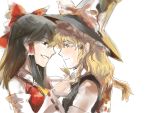  2girls black_hair blonde_hair bow braid face-to-face hair_bow hair_grab hair_tubes hakurei_reimu hat hat_bow kirisame_marisa moros multiple_girls oekaki profile short_hair side side_braid smile touhou yuri 