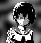  1girl black_hair board_game dark_persona mahjong mahjong_tile miyanaga_saki monochrome saki school_uniform short_hair sky_(freedom) smile solo 