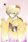  1girl alternate_costume blonde_hair floral_print flower green_eyes hair_flower hair_ornament happy_new_year highres japanese_clothes kimono long_sleeves looking_at_viewer mizuhashi_parsee obi sash solo squiggle sweatdrop touhou translated tsukigi wide_sleeves 
