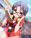 1girl adjusting_glasses artist_request blue_hair blush breasts cleavage ear_protection glasses headset heart idolmaster idolmaster_million_live! long_hair musical_note official_art radio red_eyes signature smile takayama_sayoko 