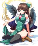  1girl alternate_costume bare_shoulders black_wings boots bow breasts brown_hair cape china_dress chinese_clothes green_eyes hair_bow highres large_breasts long_hair looking_at_viewer moneti_(daifuku) no_panties reiuji_utsuho solo thighhighs touhou wings 