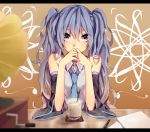  1girl blue_eyes blue_hair detached_sleeves hatsune_miku highres letterboxed long_hair necktie ri-rihoo sitting solo twintails vocaloid 
