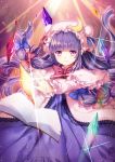  1girl book bow crescent crystal hair_bow hat long_hair long_sleeves looking_at_viewer patchouli_knowledge philomelalilium purple_hair smile solo touhou violet_eyes 