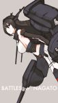  1girl bare_shoulders black_hair breasts cannon elbow_gloves garter_straps gloves hair_between_eyes hair_ornament headgear kantai_collection large_breasts leaning_forward long_hair looking_at_viewer mecha_musume midriff mikoto_(oi_plus) nagato_(kantai_collection) navel personification red_eyes robot_ears rough sideboob simple_background skirt smile solo thighhighs turret zettai_ryouiki 