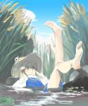  1girl bare_legs barefoot blonde_hair grass hat lily_pad lying moriya_suwako moros outstretched_leg river sky solo summer touhou water wide_sleeves 