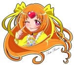  1girl ;p blush bow brooch choker circlet copyright_name cure_muse_(yellow) earrings eyelashes frills hair_ribbon heart highres jewelry long_hair magical_girl orange_hair pointing precure red_eyes ribbon shirabe_ako smile solo suite_precure tongue touma_(halcyon13) wink 