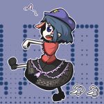  1girl blouse blue_eyes blue_hair chinese_clothes fang hat inunoko. leg_up miyako_yoshika musical_note open_mouth outstretched_arms pale_skin patterned_background profile purple_background short_hair skirt solo star touhou walking zombie_pose 