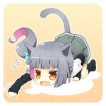  1girl animal_ears brown_eyes cat_ears cat_tail chibi fangs grey_hair kantai_collection kasumi_(kantai_collection) kouji_(campus_life) solo tail 
