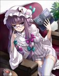 1girl book breasts crescent cup glasses hat looking_at_viewer patchouli_knowledge plant plate potted_plant purple_hair red-framed_glasses sitting solo takemori_shintarou tea teacup thigh-highs touhou violet_eyes white_legwear zettai_ryouiki 