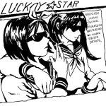  2girls artist_request hiiragi_kagami hiiragi_tsukasa lucky_star monochrome multiple_girls parody siblings smoking sonic_youth sunglasses twins 