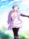  1girl angel_(fairy_tail) breasts cleavage cloudy_sky fairy_tail feathers gloves hair_ribbon hairband large_breasts no_bra ribbon short_hair solo thighhighs white_hair 