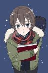 1girl blue_eyes blush brown_hair from_above looking_at_viewer looking_up scarf short_hair simple_background solo takeuchi_aya 