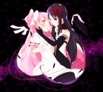  2girls :o akemi_homura akuma_homura amber_eyes black_hair black_wings blush bow goddess_madoka hand_on_another&#039;s_cheek hand_on_another&#039;s_face kaname_madoka long_hair mahou_shoujo_madoka_magica mahou_shoujo_madoka_magica_movie megahomu multiple_girls pink_hair spoilers violet_eyes white_wings wings yellow_eyes yuri 