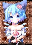  1girl alternate_costume arm_ribbon bare_shoulders blue_eyes blue_hair blush bow choker cirno flower hair_bow hair_flower hair_ornament hairclip heart letterboxed looking_at_viewer midriff revision ribbon_choker shirt short_sleeves skirt skirt_set smile solo touhou wings wrist_ribbon yuya_(minus-k) 