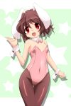  1girl alternate_costume animal_ears bare_arms bare_shoulders brown_hair brown_legwear bunny_girl bunnysuit collar inaba_tewi leotard open_mouth pantyhose rabbit_ears red_eyes smile solo star touhou wrist_cuffs yanmarson 