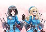  2girls atago_(kantai_collection) black_gloves black_hair blonde_hair breasts gloves green_eyes hands_together hat highres kantai_collection large_breasts long_hair military military_uniform multiple_girls open_mouth personification red_eyes short_hair smile takao_(kantai_collection) tk8d32 uniform 