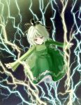  1girl arms_at_sides dress electricity ghost ghost_tail green_dress green_hair hat lightning open_mouth short_hair smile soga_no_tojiko solo sparks tate_eboshi teeth touhou yellow_eyes 