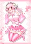  1girl blush boots breasts hatsune_miku headphones highres large_breasts long_hair macaron nitroplus open_mouth pink_hair sakura_miku sakura_miku_(cosplay) smile super_sonico thighhighs 