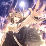  1girl bare_shoulders blush brown_hair cannon detached_sleeves double_bun full_moon hair_ornament hairband headgear japanese_clothes kantai_collection kongou_(kantai_collection) long_hair moon night night_sky nontraditional_miko open_mouth personification skirt sky smoke solo soratoa turret water 