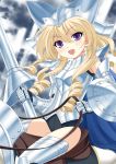  1girl armor blonde_hair curly_hair drill_hair gloves long_hair nokia_(harusion) open_mouth solo thighhighs violet_eyes weapon 