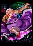  1girl blonde_hair dress hat highres house juliet_sleeves long_hair long_sleeves looking_at_viewer open_mouth puffy_sleeves purple_dress red_shoes s-syogo shoes solo touhou very_long_hair violet_eyes wide_sleeves yakumo_yukari 
