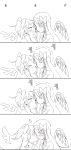  2girls ^_^ akemi_homura akuma_homura blush cheek_kiss closed_eyes comic goddess_madoka hair_ribbon highres incipient_kiss kaname_madoka kiss long_hair mahou_shoujo_madoka_magica mahou_shoujo_madoka_magica_movie megahomu monochrome multiple_girls ribbon trembling two_side_up wings yuri 