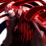  1boy cassock cosplay cross dark_persona dark_sakura dark_sakura_(cosplay) facial_mark fate/stay_night fate_(series) kotomine_kirei magic male matou_sakura red_eyes solo white_hair zihad 