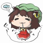 1girl animal_ears brown_hair cat_ears cat_tail chen chibi fish hungry imagining inunoko. jewelry multiple_tails pendant saliva short_hair solo tail touhou two_tails 